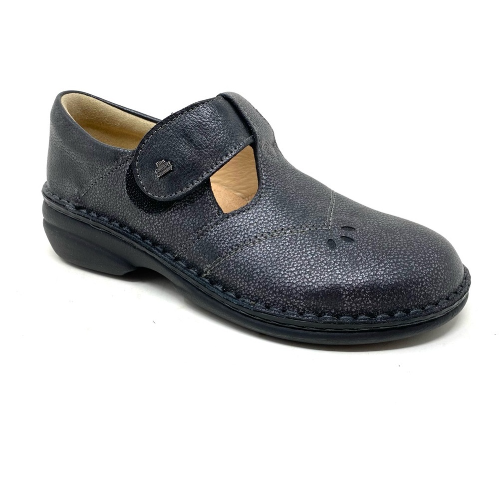 Finn Comfort Nashville Soft Pony Nero Silver Leather Comfort Mary Jane Shoe